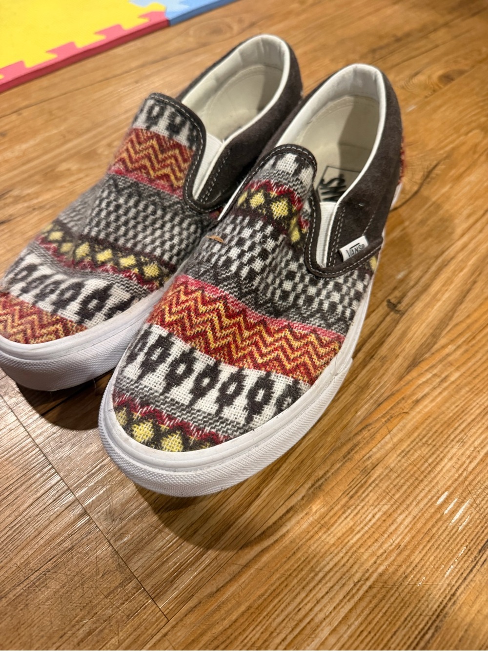 Vans Slip-On Sneakers in Gray, Burgundy, Yellow & White Pattern